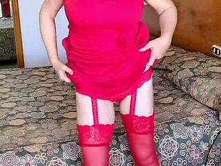 Milf MariaOld Teases with Huge Tits in Red Stockings