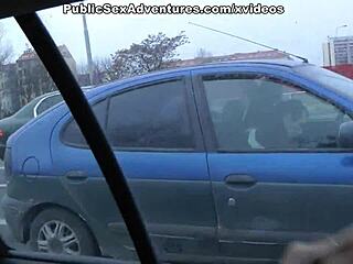 Girl with huge tits performs blowjob in bathroom