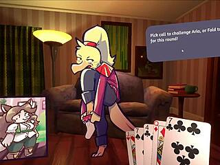 Duas gatas riem, Estamos nos despindo no pôquer furry! Vê a gente arrancar as roupas nesse jogo anime!