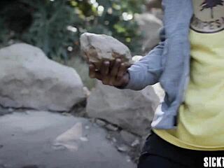 petite teen sucks dirty guy's big cock outdoors