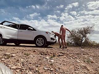 Pulled Over for Intense Sex in the Desert with a Hot Milf Couple in Public