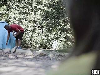 petite teen sucks dirty guy's big cock outdoors