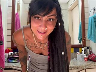 caroleta roots cums in bathroom sink, shows wet pussy