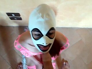 Wearing pink fishnet catsuit and pink platform ankle boots rough POV blowjob