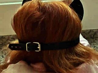 Slut redhead gets rough pussy fuck and blowjob in kitchen, visible to neighbors