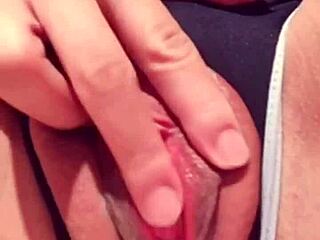 Nympho selfie girl seduces with shaved pussy squirting in wild masturbation!