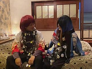 Asian wife in Halloween costume gets deepthroat and raw creampie on wild night