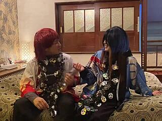 Asian wife in Halloween costume gets deepthroat and raw creampie on wild night