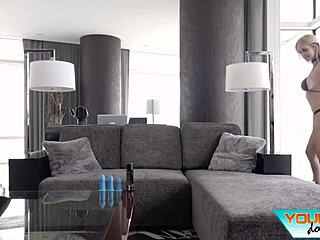 Petite blonde babe takes hardcore ass to mouth deepthroat with wild cumshot