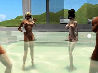 Sandys lesbian anal pool party with strapon and voyeur.