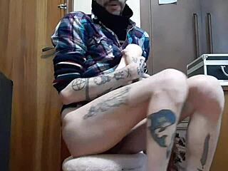 gay guy in heels strokes big cock