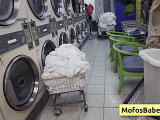 petite brunette teen enjoys oral in public laundromat