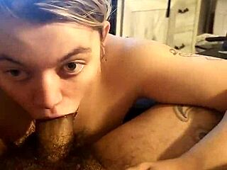 Sucking my boyfriend's thick cock on the hotel sofa