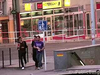 daring public threesome by a famous city statue