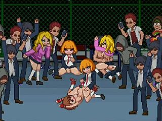 Sexy and rough moves animated school girls dot fight with pixels