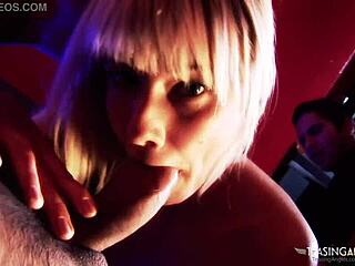 Sexy blonde slut having fun with two dicks at once!