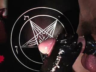 amateurs give close-up handjob in latex gloves, tribute to baphomet 😈
