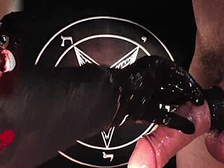 amateurs give close-up handjob in latex gloves, tribute to baphomet 😈