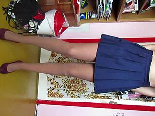 Custom leg show video featuring skirt, shoes, stockings, and feet.