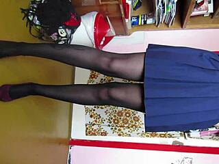 Custom leg show video featuring skirt, shoes, stockings, and feet.