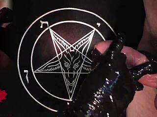 amateurs give close-up handjob in latex gloves, tribute to baphomet 😈