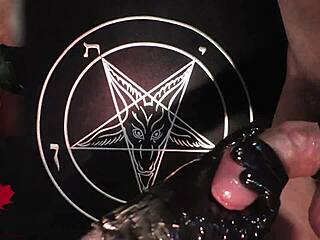 amateurs give close-up handjob in latex gloves, tribute to baphomet 😈