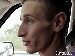 Twink endures rough bareback threeway, gets cumshot