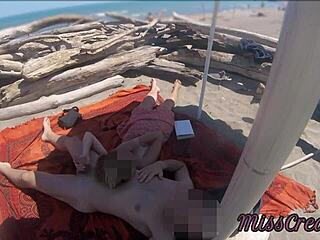 Exhibitionist Teacher Milf Gives Handjob to Big Cock on Public Nudity Beach - Misscreamy