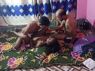 Sexy teen babe Hanif and Popy in wild FMM threesome