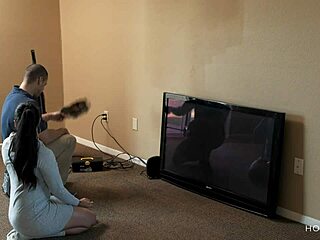 curvy latina wife kisses the cable guy while husband is away