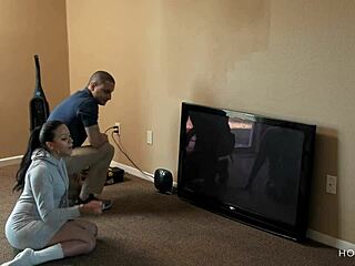 curvy latina wife kisses the cable guy while husband is away