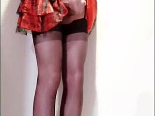 Shemale Selena in Court Corset and Stockings Masturbating Solo