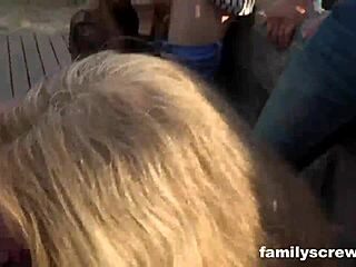 Bent over cougar with wet shaved pussy takes big cock in outdoor group banging