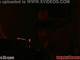 Bold BDSM whore Mina giving intense blowjob in military setting.