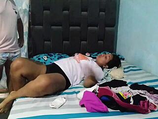 Stepmother Sniffs Underwear While Touching Tits, I Help Her Lick Pussy