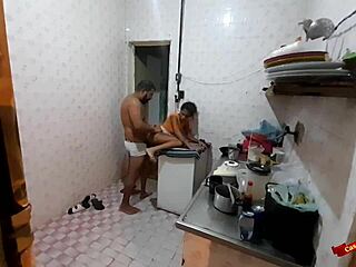 Skinny Latina teen in the kitchen with her stepdad, intriguing encounter.