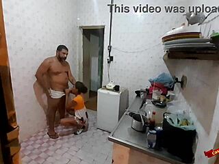 Skinny Latina teen in the kitchen with her stepdad, intriguing encounter.