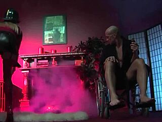 His eager costumed ladies pounce on his hard cock with their mouths.