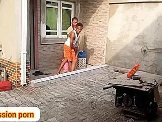 Caught her sweeping backyard and gave her the sweetest fuck