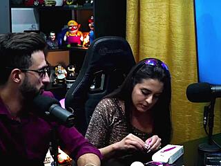Girlfriend gives intense handjob on podcast