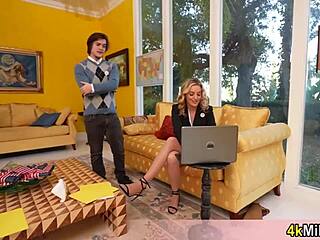 survey chick in stockings gets mouth fucked