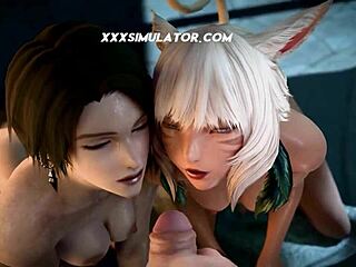 Threesome animat 3D cu babe anime într-un joc hentai