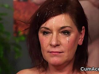 Unusual centerfold receives facial cumshot while devouring jizz