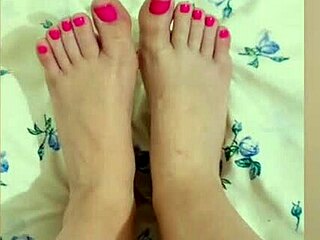 Shy babe strokes her petite legs after shower solo