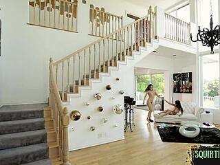 just chilling as this squirting dyke babe takes a hard strapon pounding.