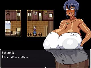 Tanned girl Natsuki flashes huge tits in hentai game.