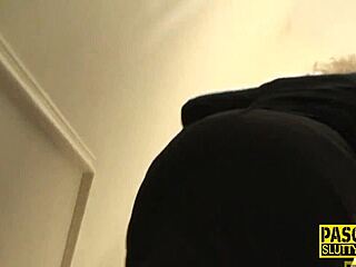 real busty milf sub sucks and deepthroats cock in bdsm handjob.