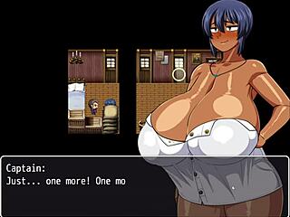 Tanned girl Natsuki flashes huge tits in hentai game.