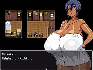 Tanned girl Natsuki flashes huge tits in hentai game.