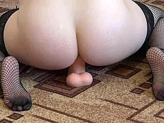 i anal masturbate with big rubber dick in stockings, brunette fucks juicy butt